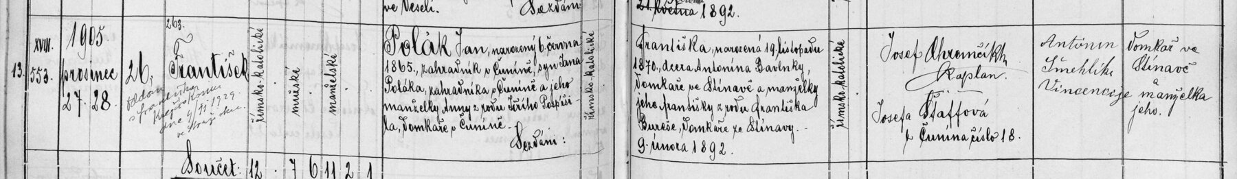 Křestní zápis Františka Poláka, Čunín 1905 (matrika fary Konice, MZA Brno).