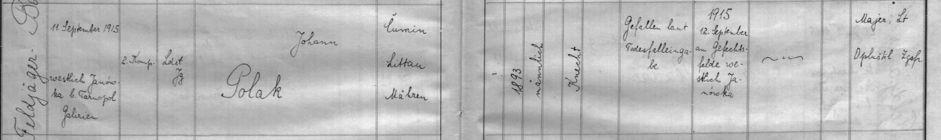 Výřez zápisu: Nepřiřazený kandidát: Johann Polak (*1893), FJB 5